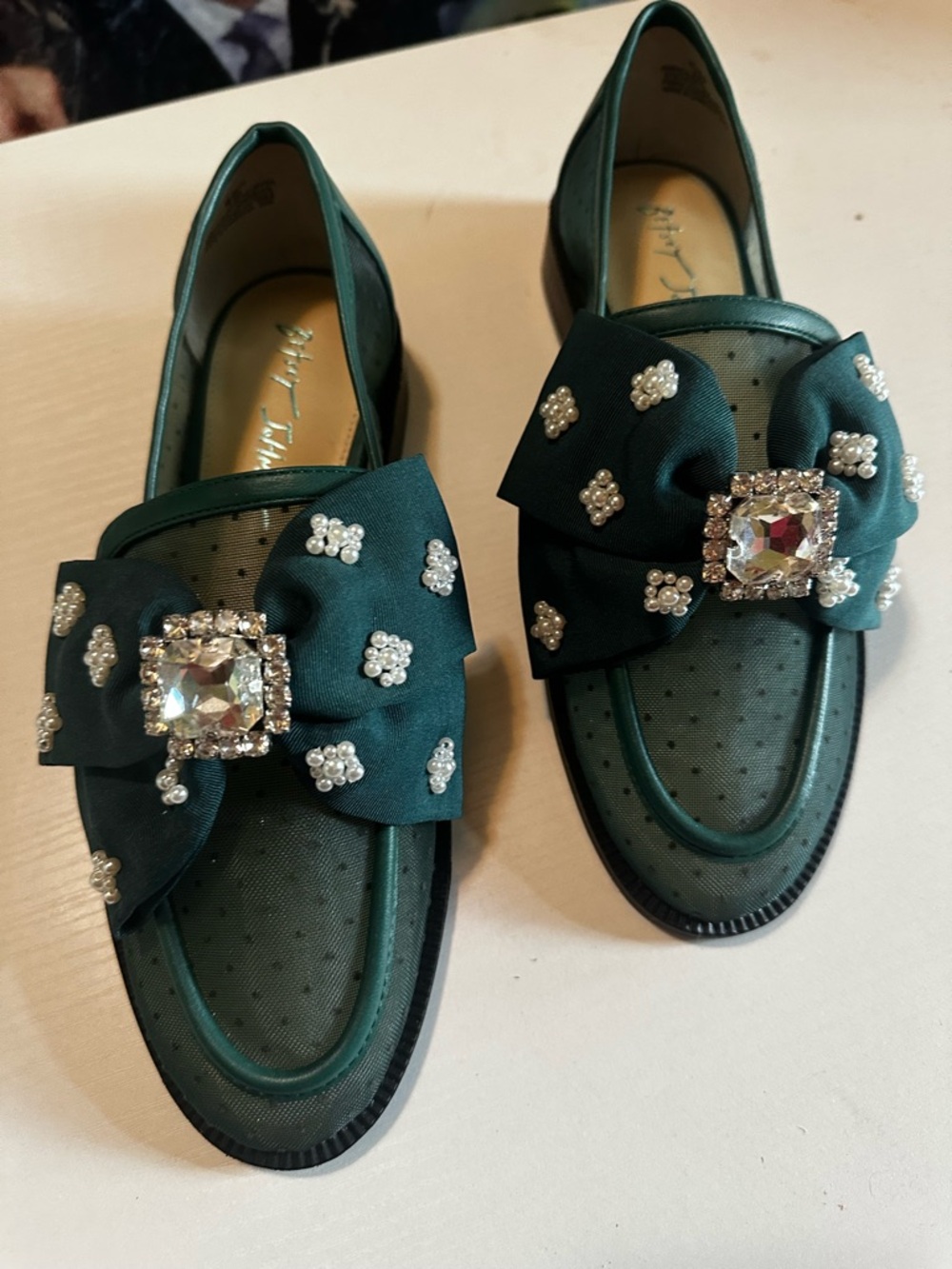 Betsey Johnson Emerald Green Bow Loafers with Crystal Buckles
